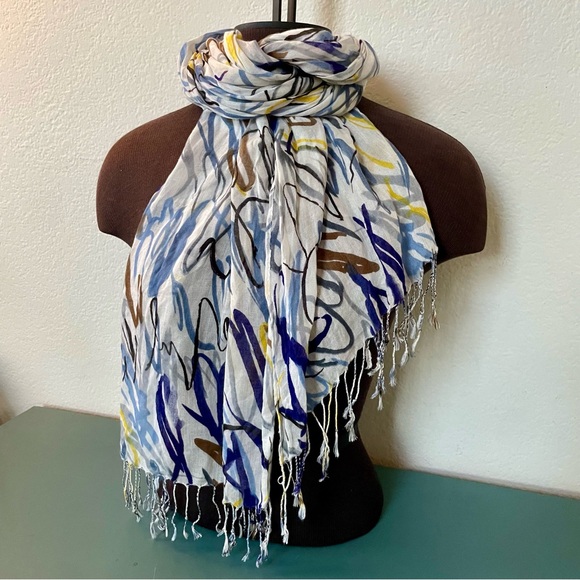 Brown Blue and White Abstract Pattern Print Thin Knit Scarf Shawl with Fringe - Picture 3 of 11
